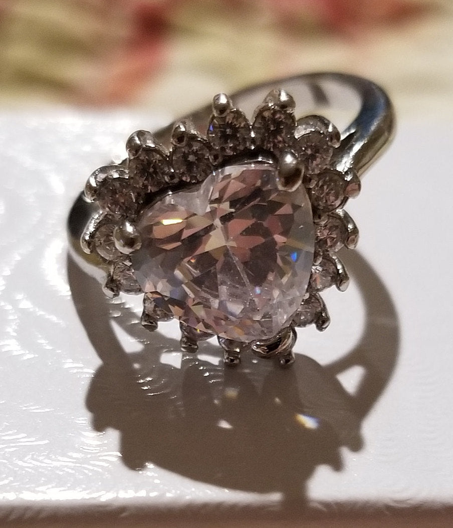Sterling Silver Ring with Large Heart Shaped Simulated Diamond - Size 7