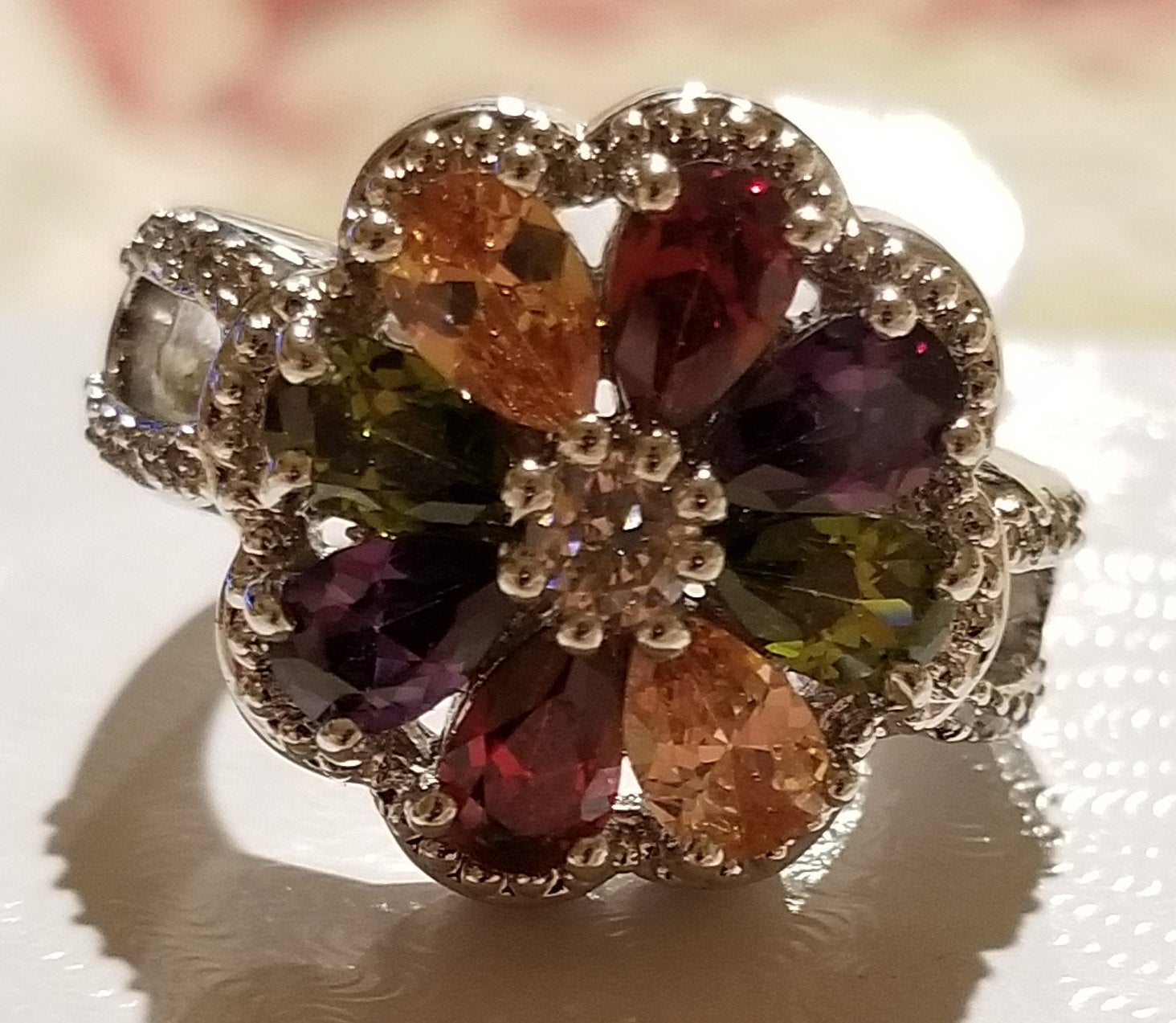 Sterling Silver Ring with Multicolored Crystal Flower - Size 7.5