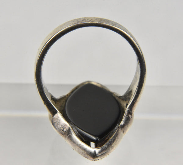 Art Deco Sterling Silver Black Onyx and Marcasite Ring - Size 6