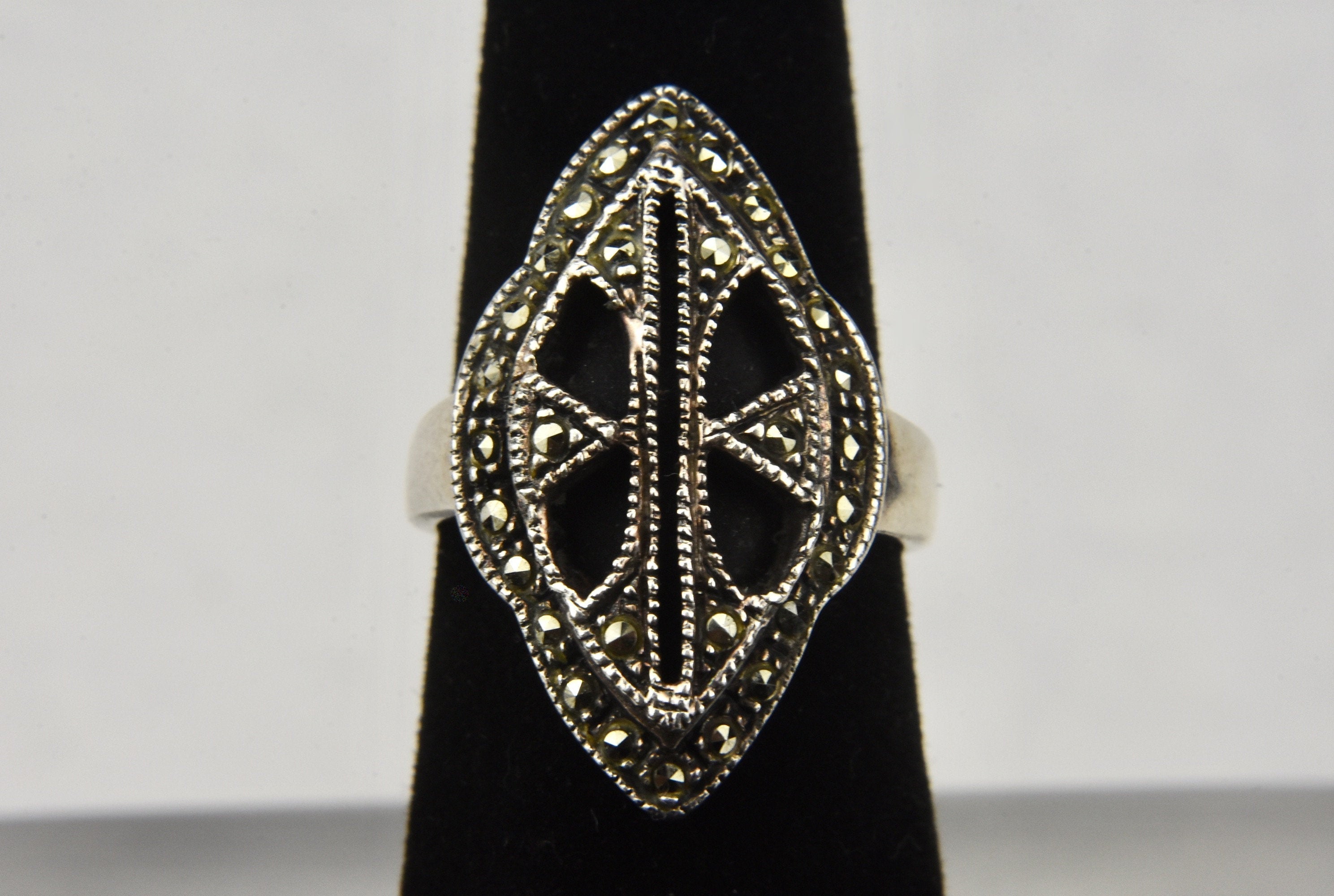 Art Deco Sterling Silver Black Onyx and Marcasite Ring - Size 6