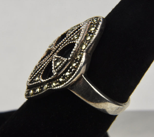 Art Deco Sterling Silver Black Onyx and Marcasite Ring - Size 6