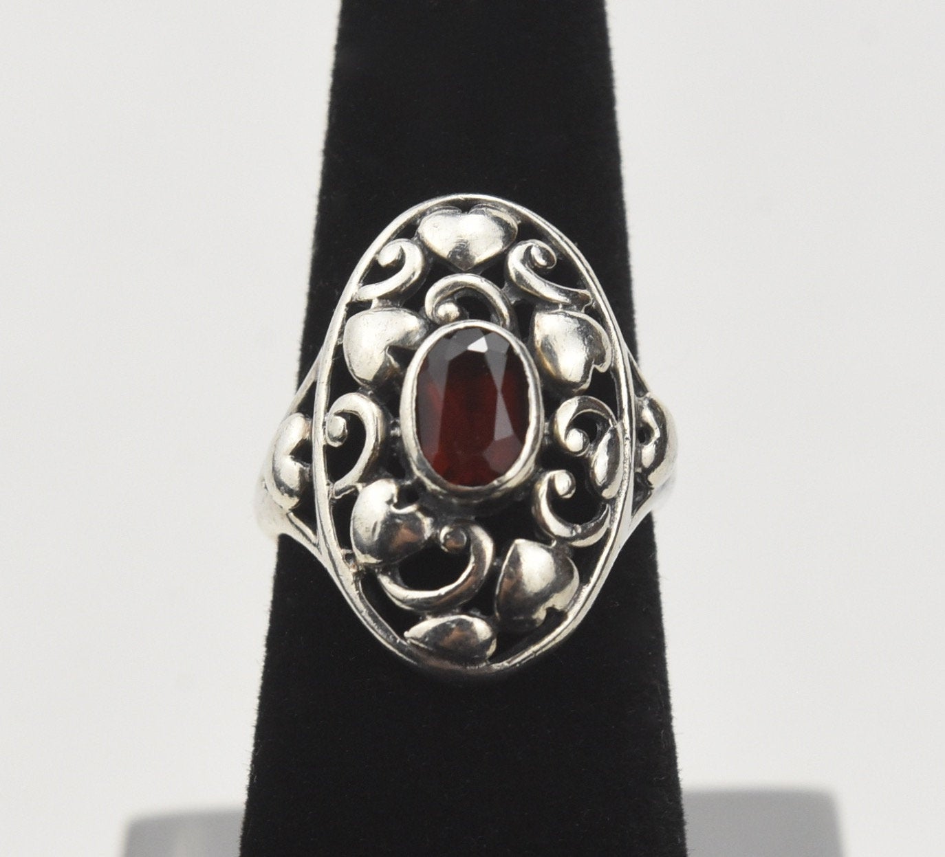 Pierced Sterling Silver Hearts Red Garnet Ring - Size 5.5
