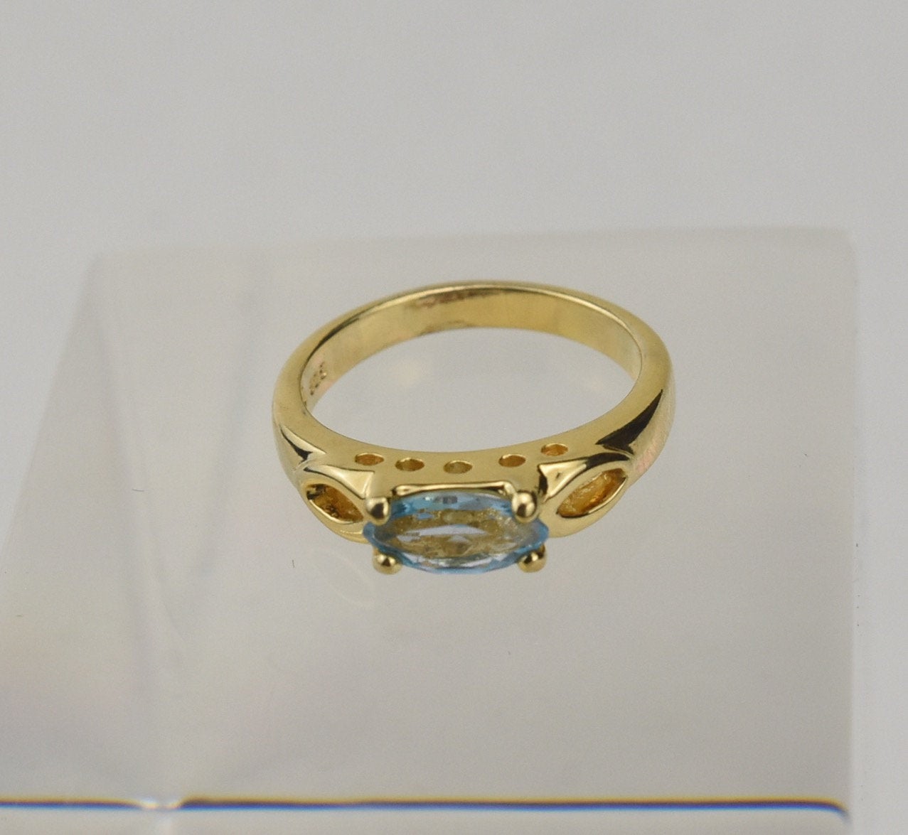 Gold Tone Sterling Silver Ring with Marquise Cut Light Blue Stone - Size 5