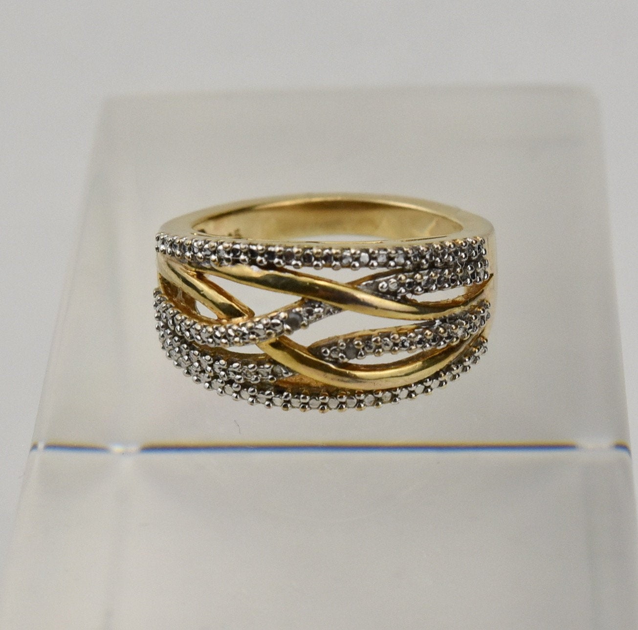 Gold Tone and Sterling Silver Crystal Weave Ring - Size 8