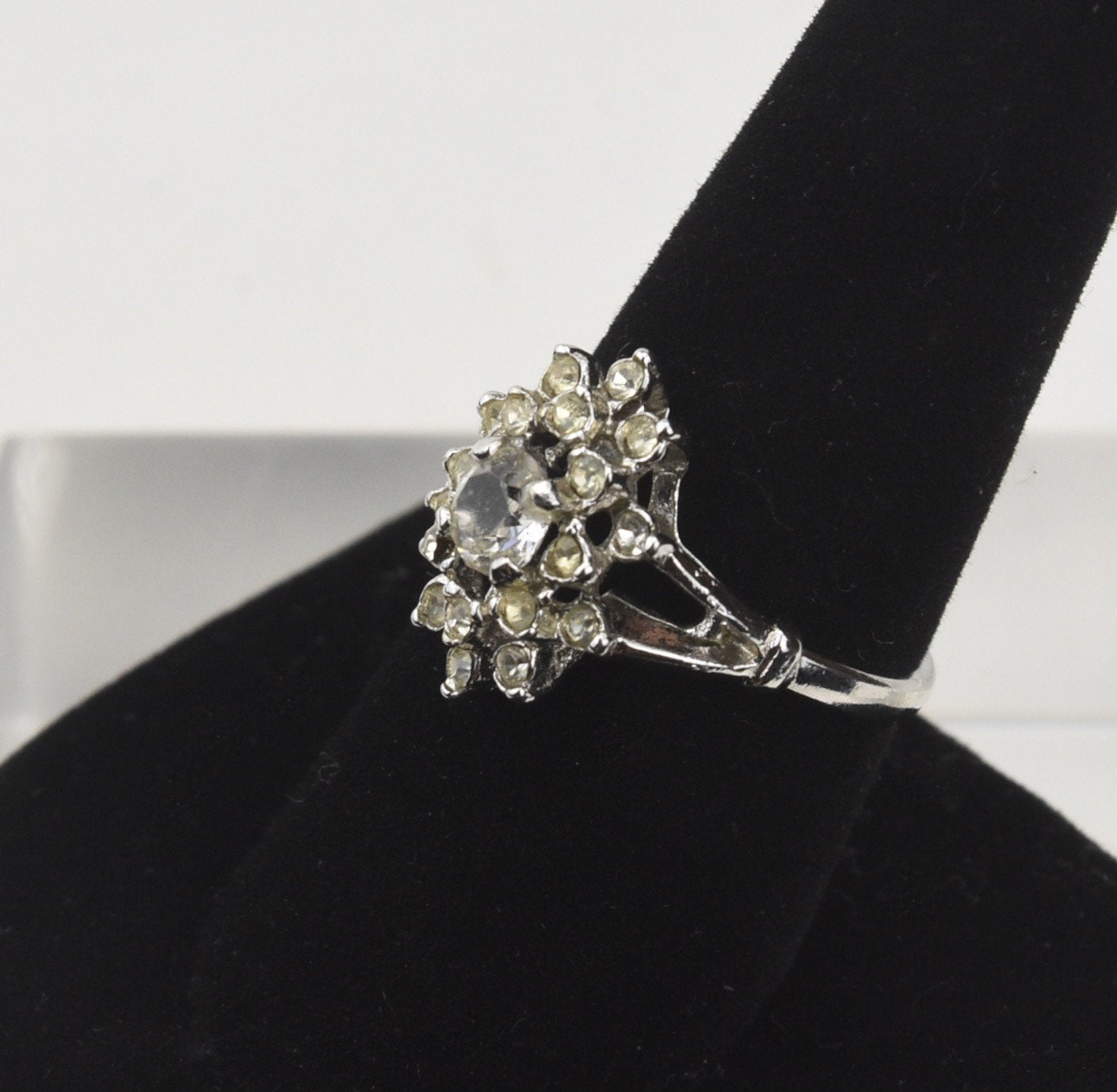 Art Deco Silver Tone and Rhinestones Ring - Size 8.25