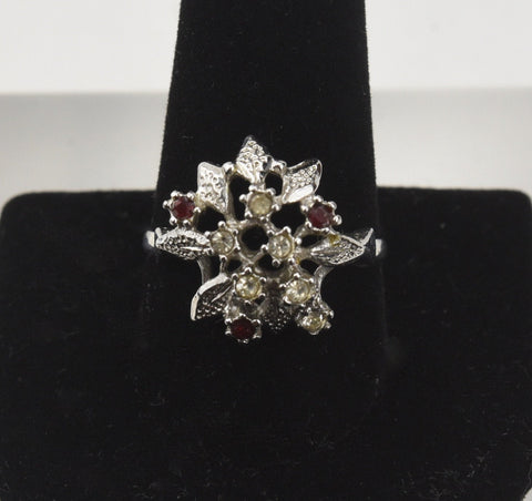 Clear and Red Glass Flower Silver Ring - Size 10.5
