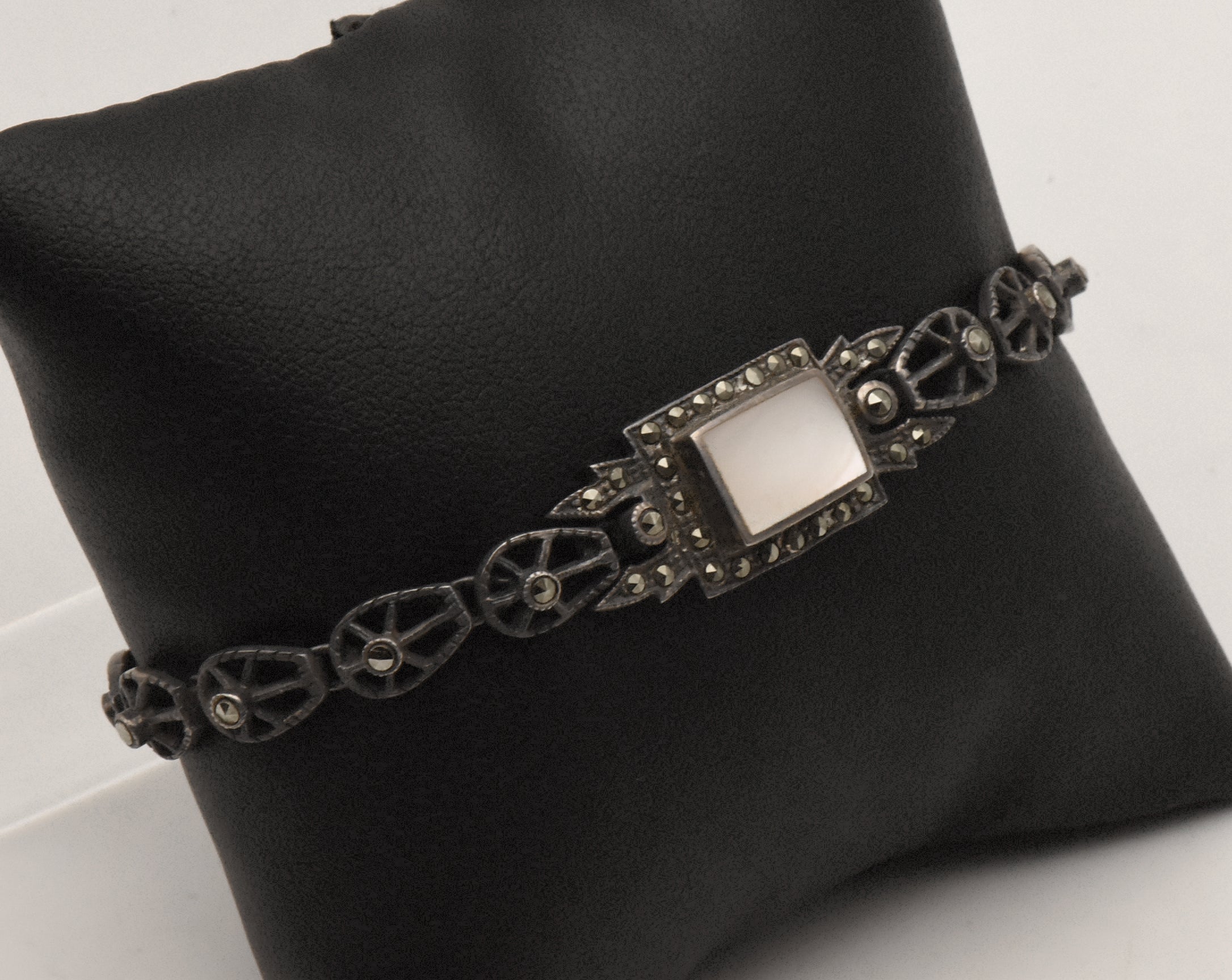 Vintage Sterling Silver Mother of Pearl and Marcasite Bracelet