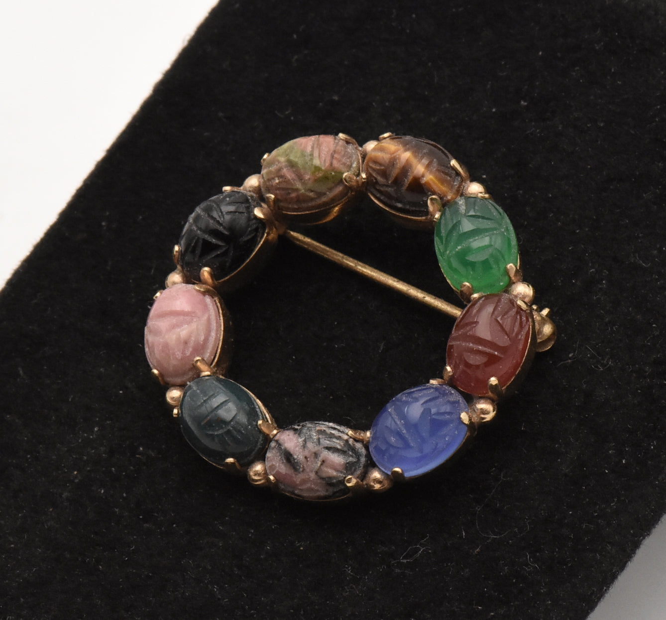 Van Dell - Vintage 12K Gold Filled Carved Gemstone Scarab Beetle Brooch