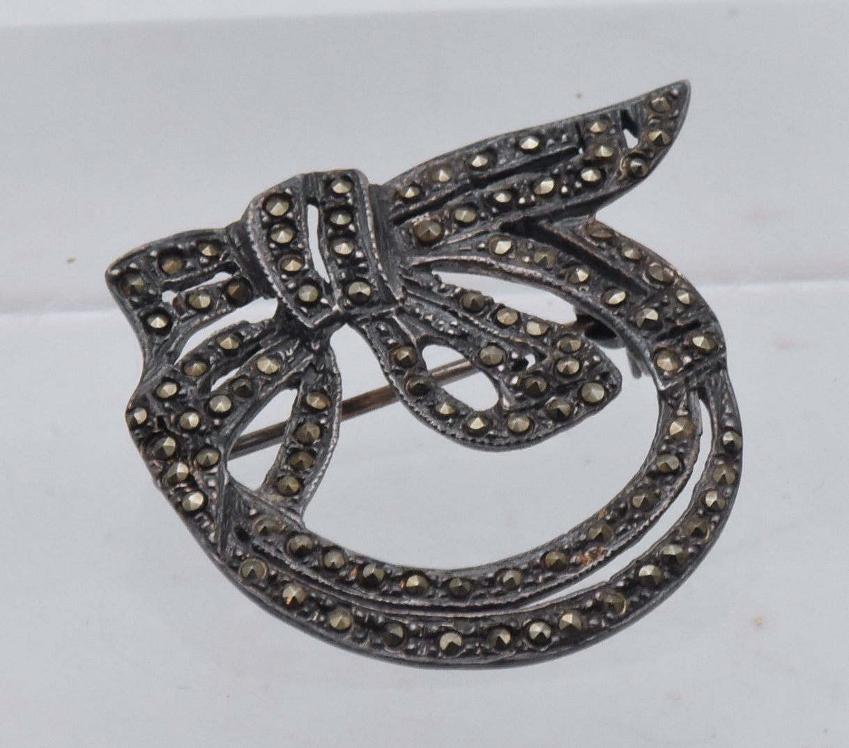 Vintage Sterling Silver and Marcasite Ribbon Wreath Brooch