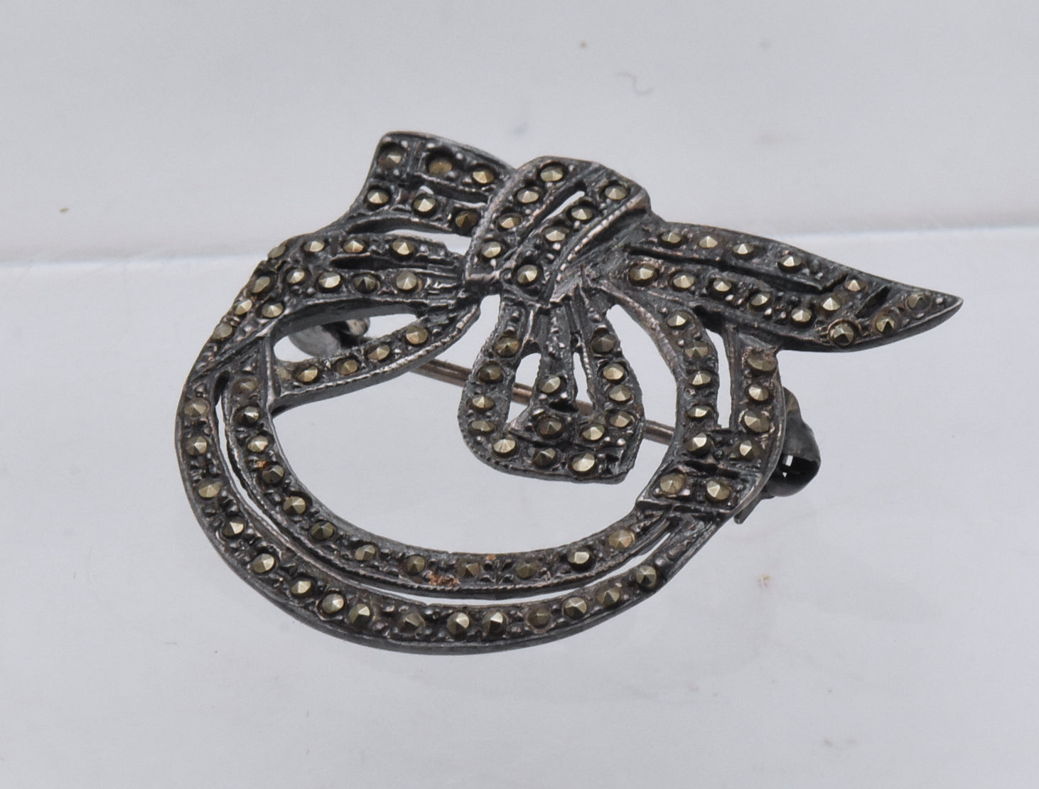 Vintage Sterling Silver and Marcasite Ribbon Wreath Brooch