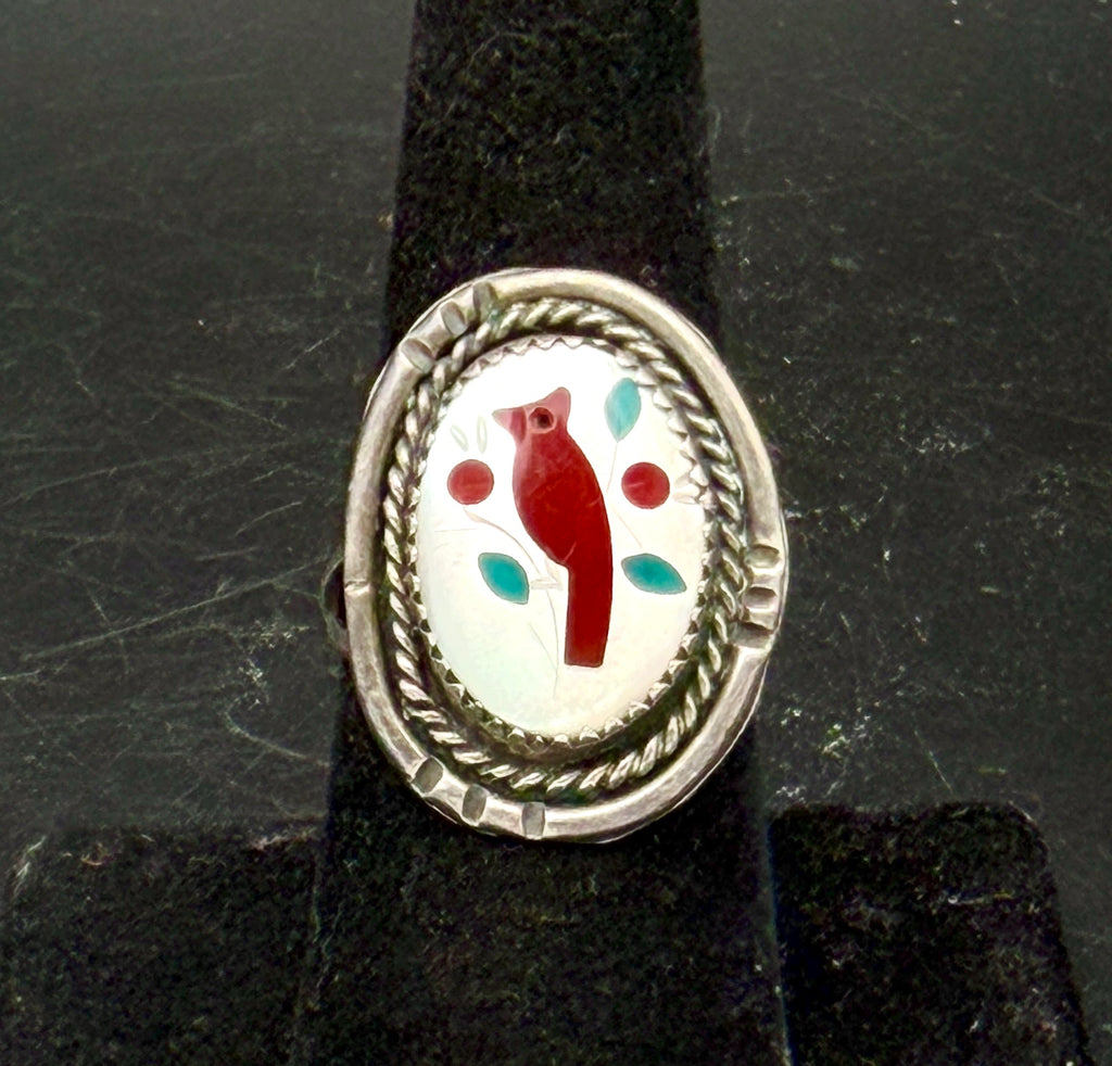 Vintage Handmade Inlaid Mother of Pearl Cardinal Sterling Silver Ring - Size 7.5