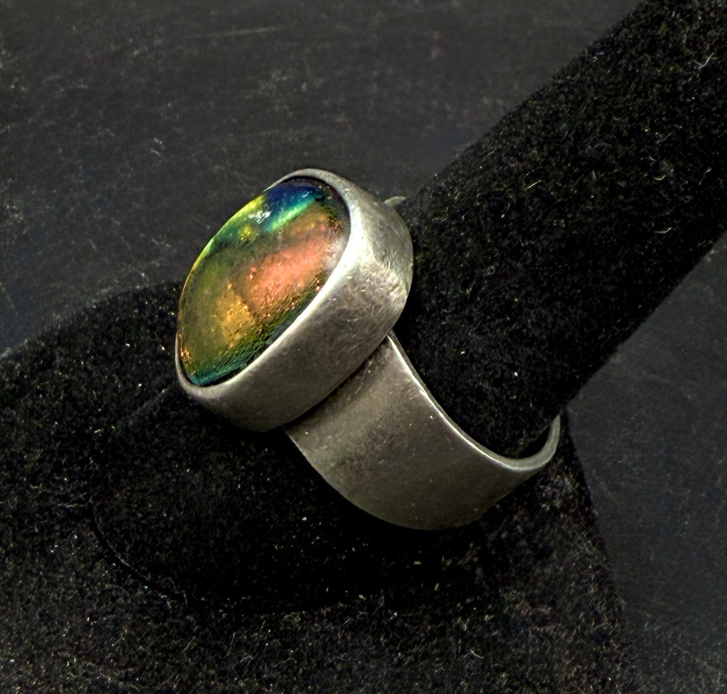 Vintage Handmade Sterling Silver Dichroic Glass Ring - Size 9.25