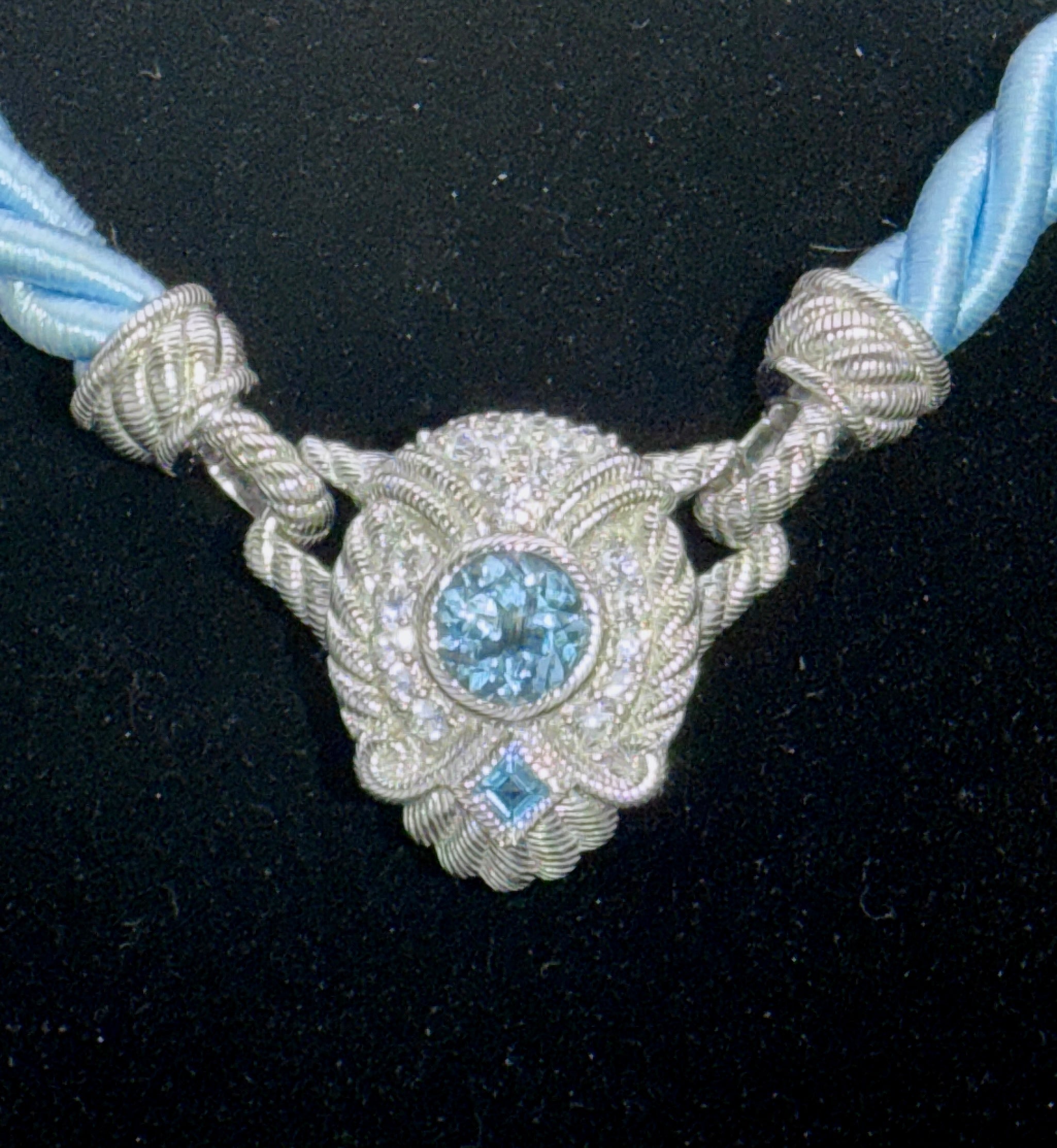 Judith Ripka - Vintage Blue Topaz and CZ Sterling Silver Pendant on Satin Rope Necklace - 18"