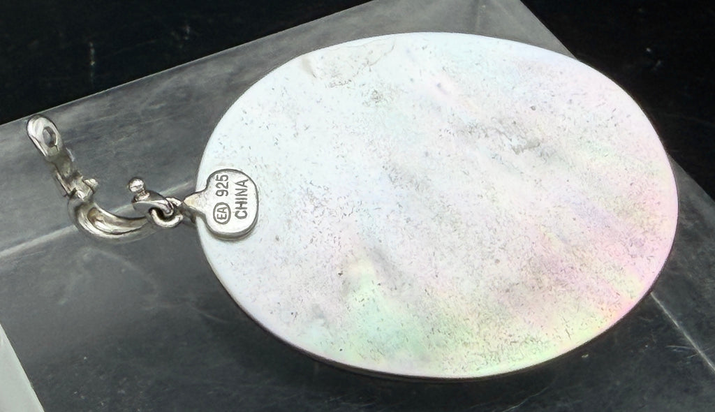 Vintage Abalone Shell Pendant Sterling Silver with Black Beaded Necklace- 36"