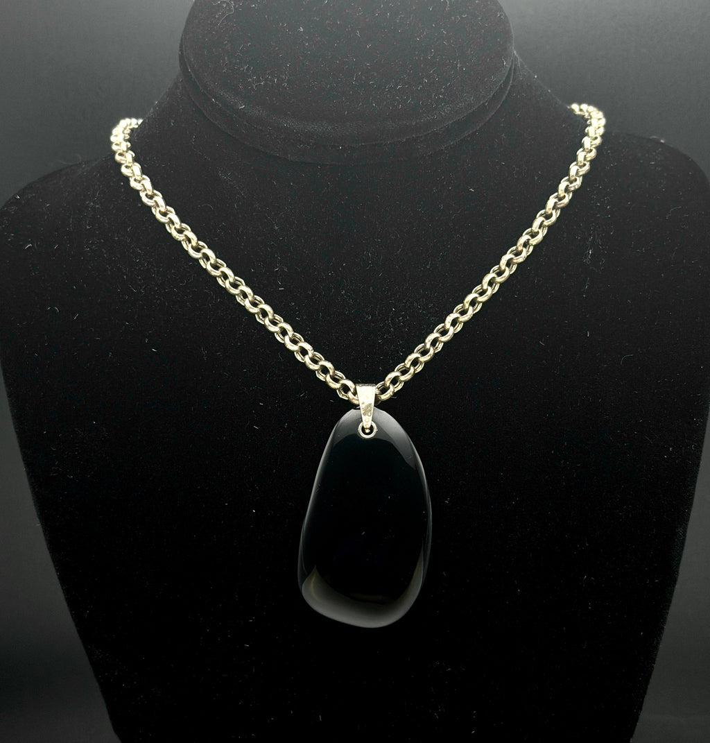 Vintage Sterling Silver Chain Necklace with Black Glass Pendant - 18"