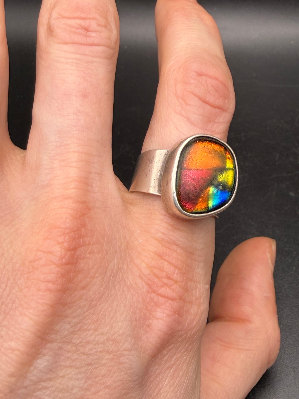 Vintage Handmade Sterling Silver Dichroic Glass Ring - Size 9.25