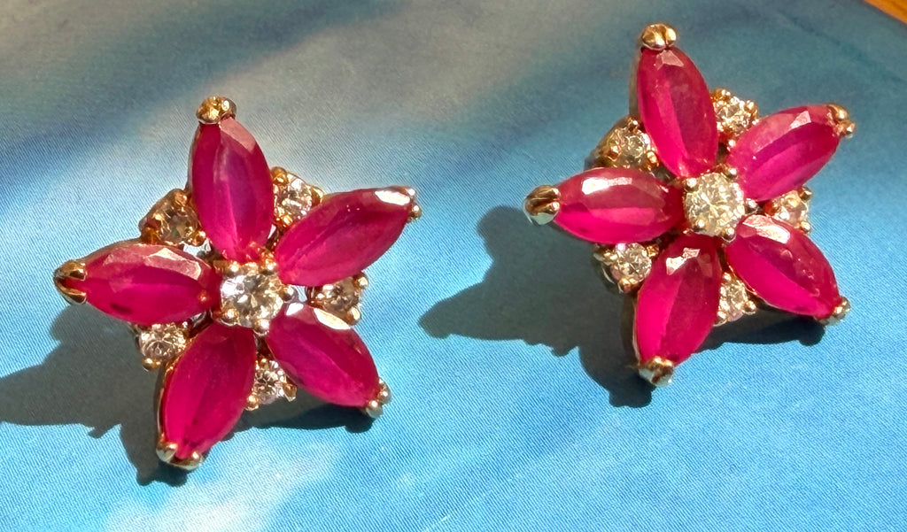 Vintage Synthetic Ruby Gold Plated Floral Stud Earrings