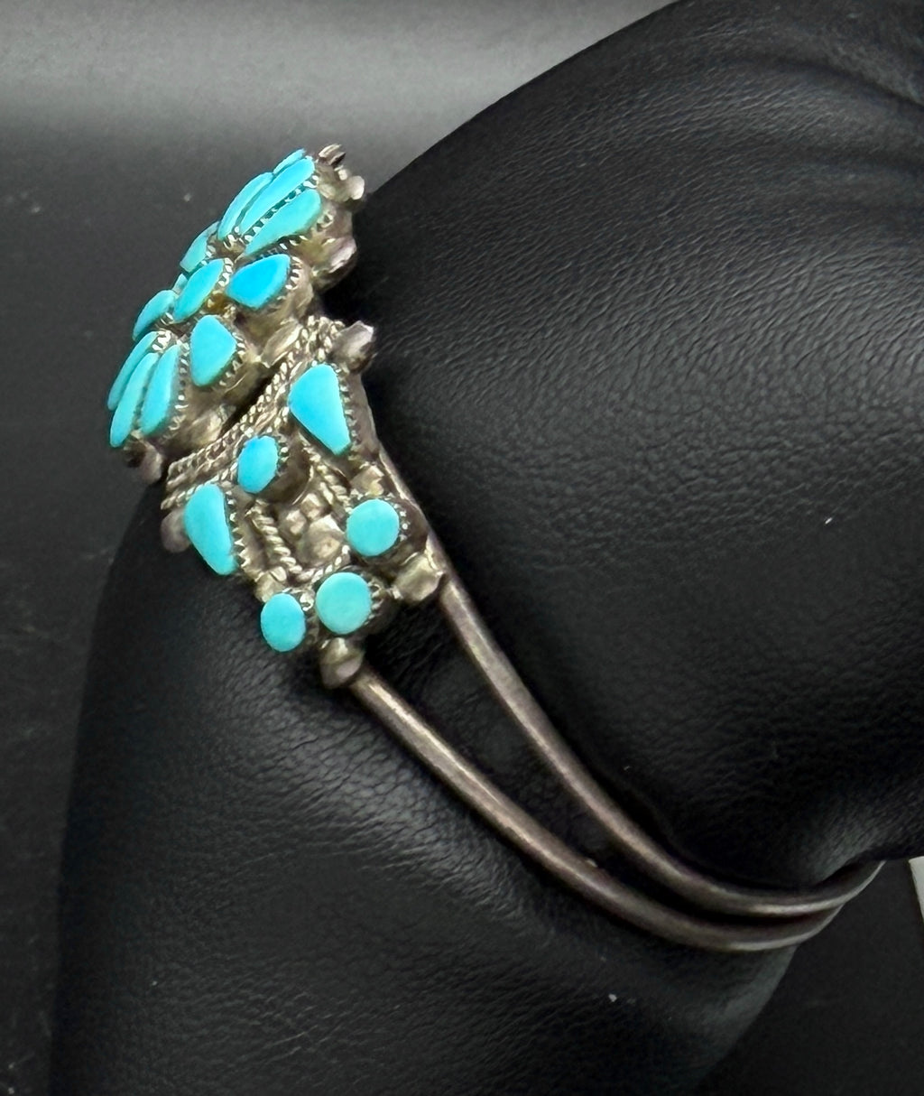 Vintage Handmade Zuni Floral Petit Point Turquoise Sterling Silver Cuff Bracelet