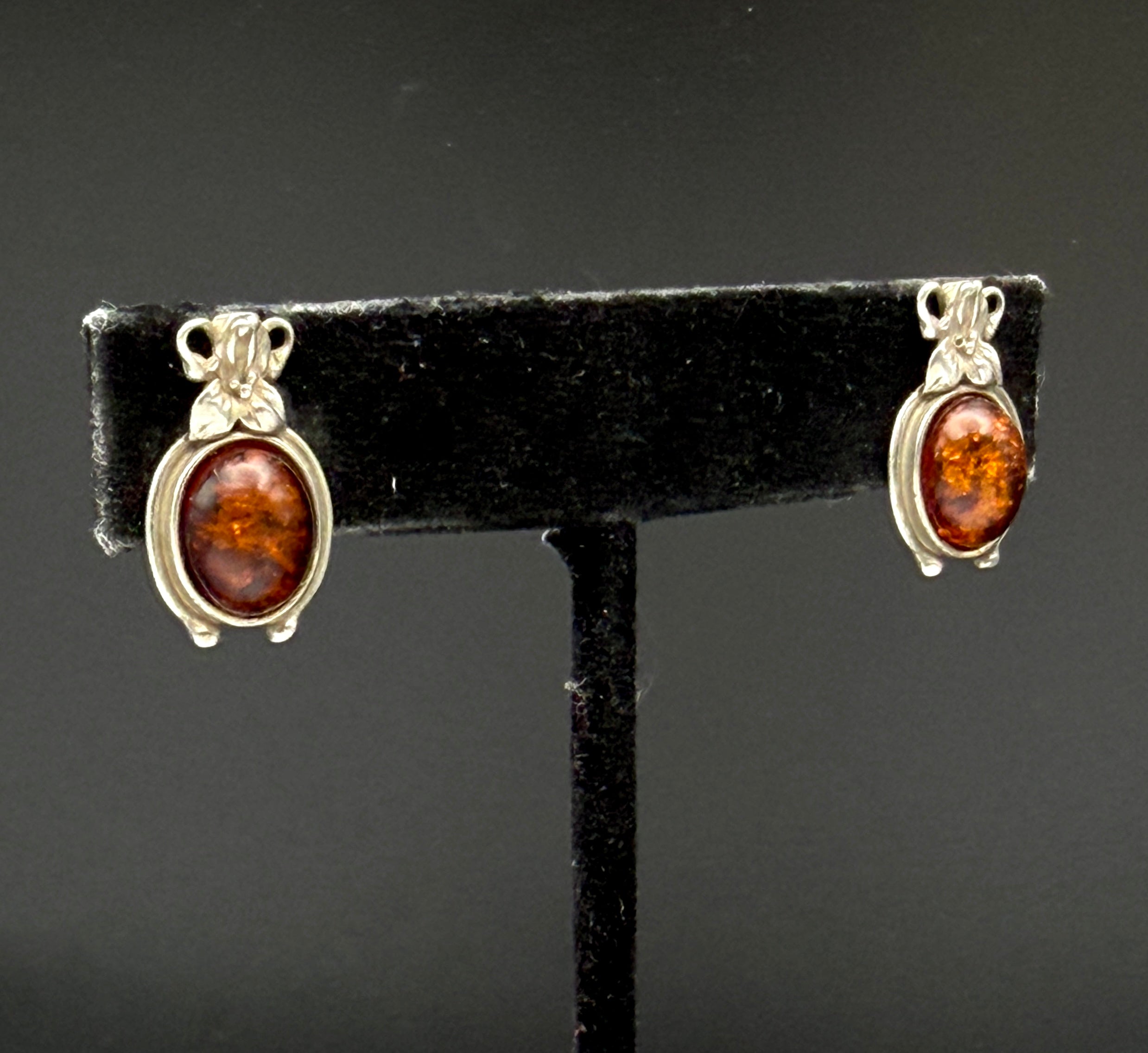 Vintage Art Nouveau Style Amber Sterling Silver Stud Earrings