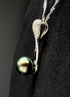 Vintage Tahitian Pearl and Zircon Pendant Sterling Silver Chain Necklace