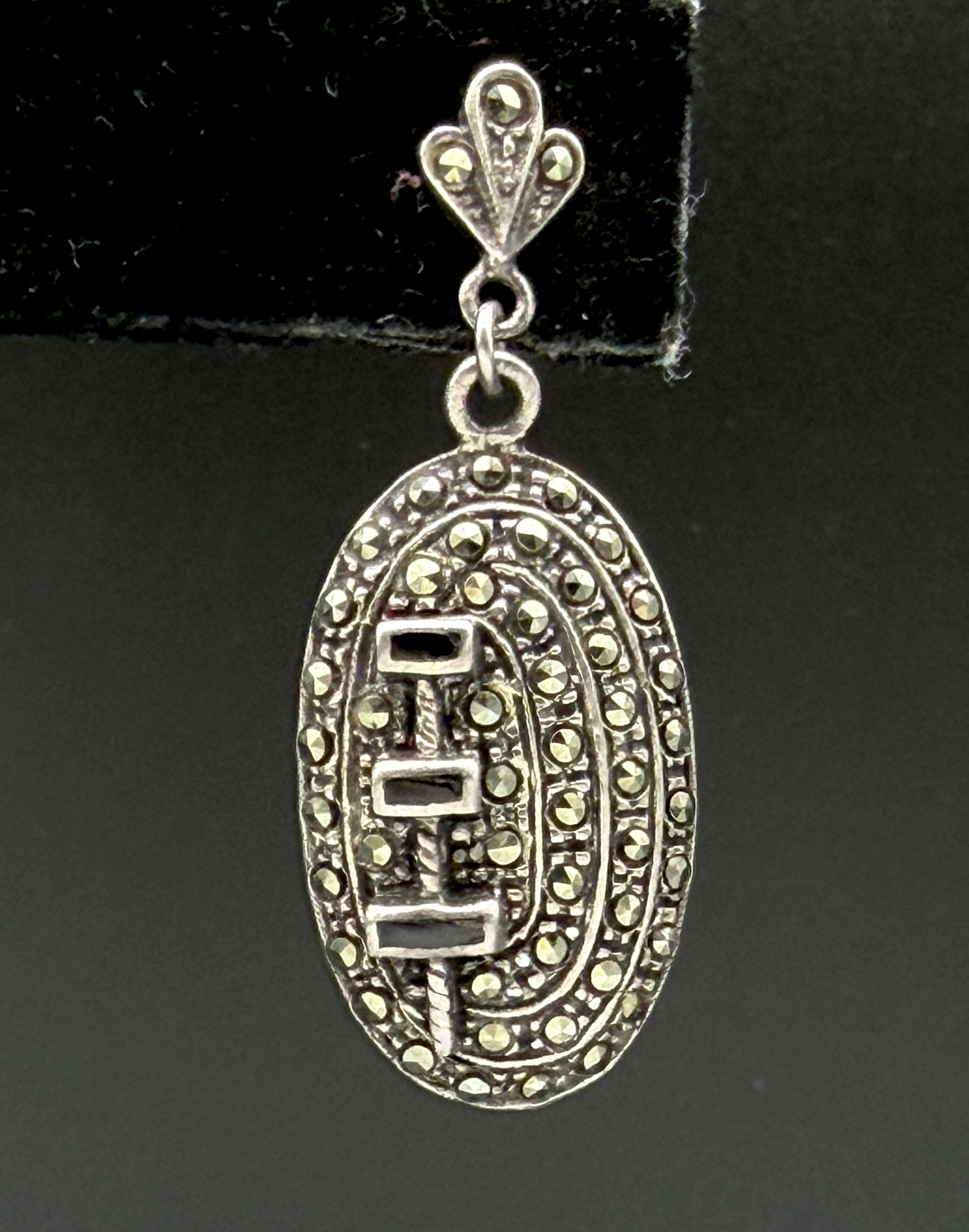 Vintage Sterling Silver Marcasite and Black Onyx Dangle Earrings