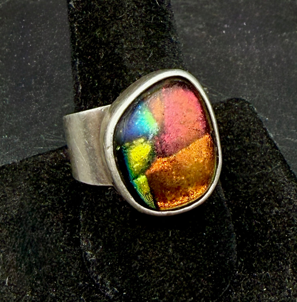 Vintage Handmade Sterling Silver Dichroic Glass Ring - Size 9.25