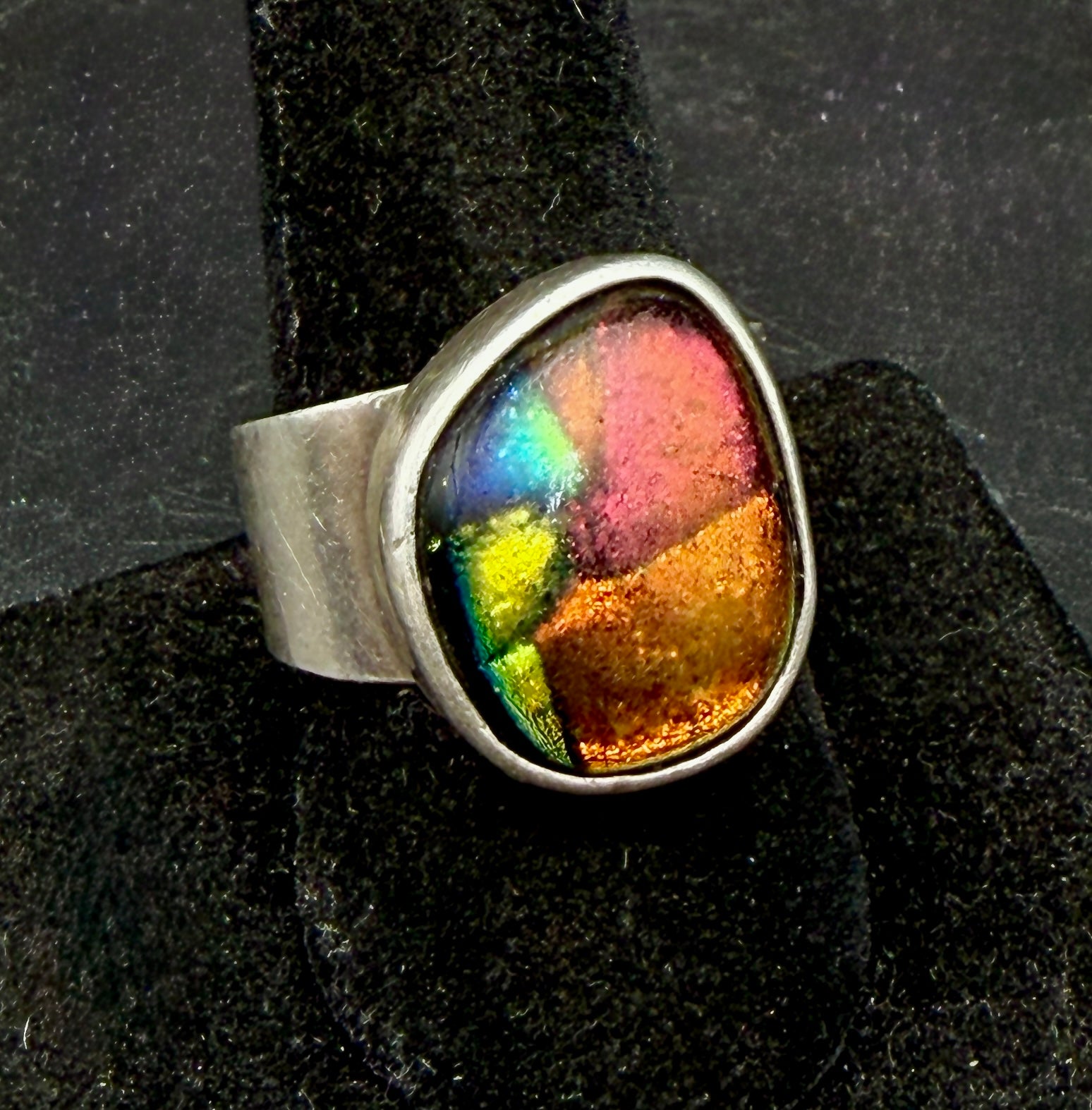 Vintage Handmade Sterling Silver Dichroic Glass Ring - Size 9.25
