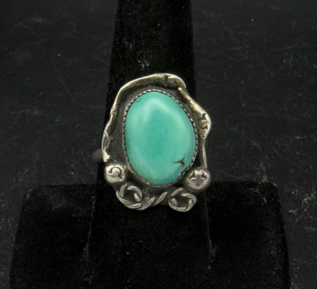 Vintage Handmade Green Turquoise Sterling Silver Abstract Ring - Size 8.5