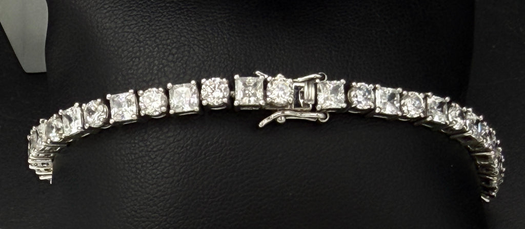 Vintage Princess and Round Cut CZ Sterling Silver Tennis Bracelet - 8"