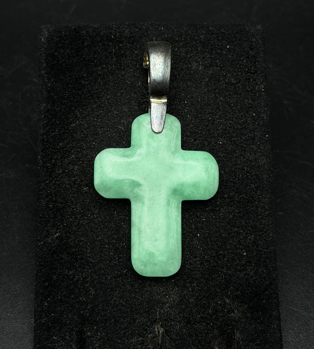 Vintage Carved Jade Cross Pendant with Sterling Silver Hinged Bail