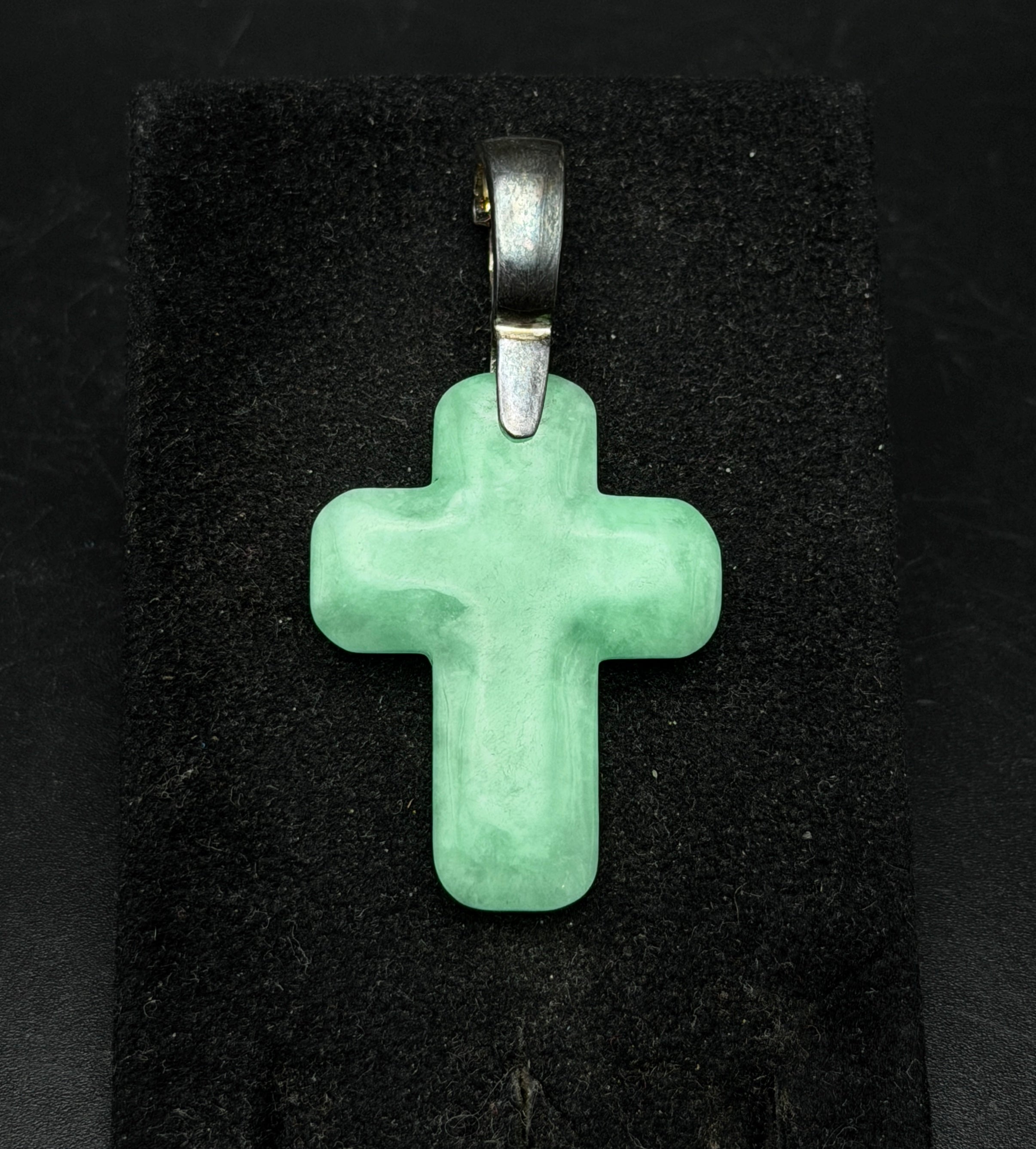 Vintage Carved Jade Cross Pendant with Sterling Silver Hinged Bail