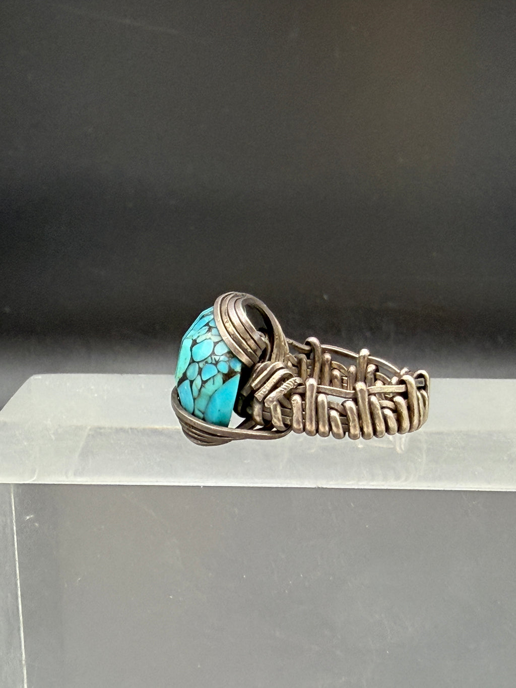 Vintage Turquoise Sterling Silver Wire Wrapped Handmade Ring - Size 7.5