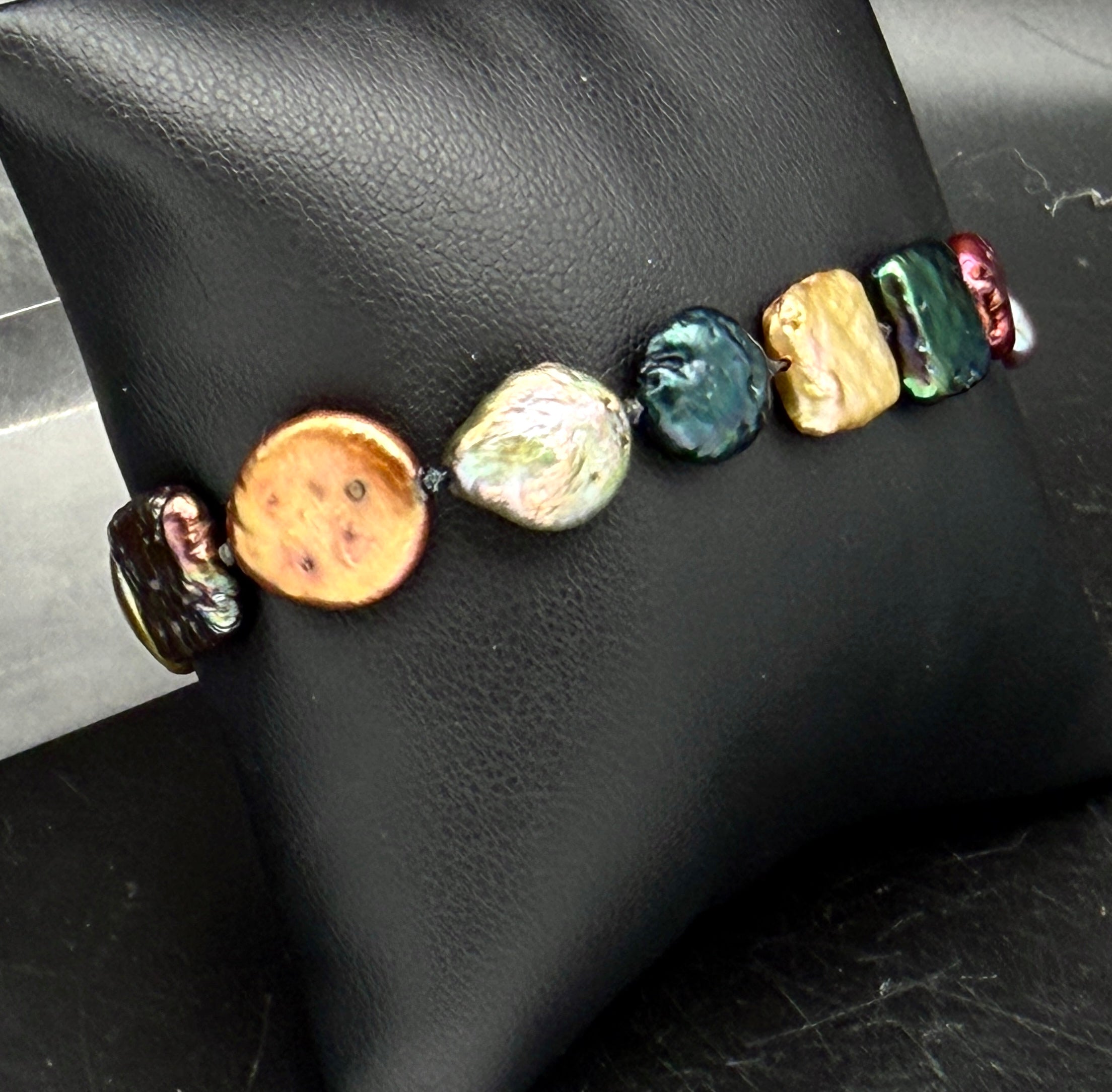 Vintage Multicolor Coin Pearl Sterling Silver Bracelet - 7.5"