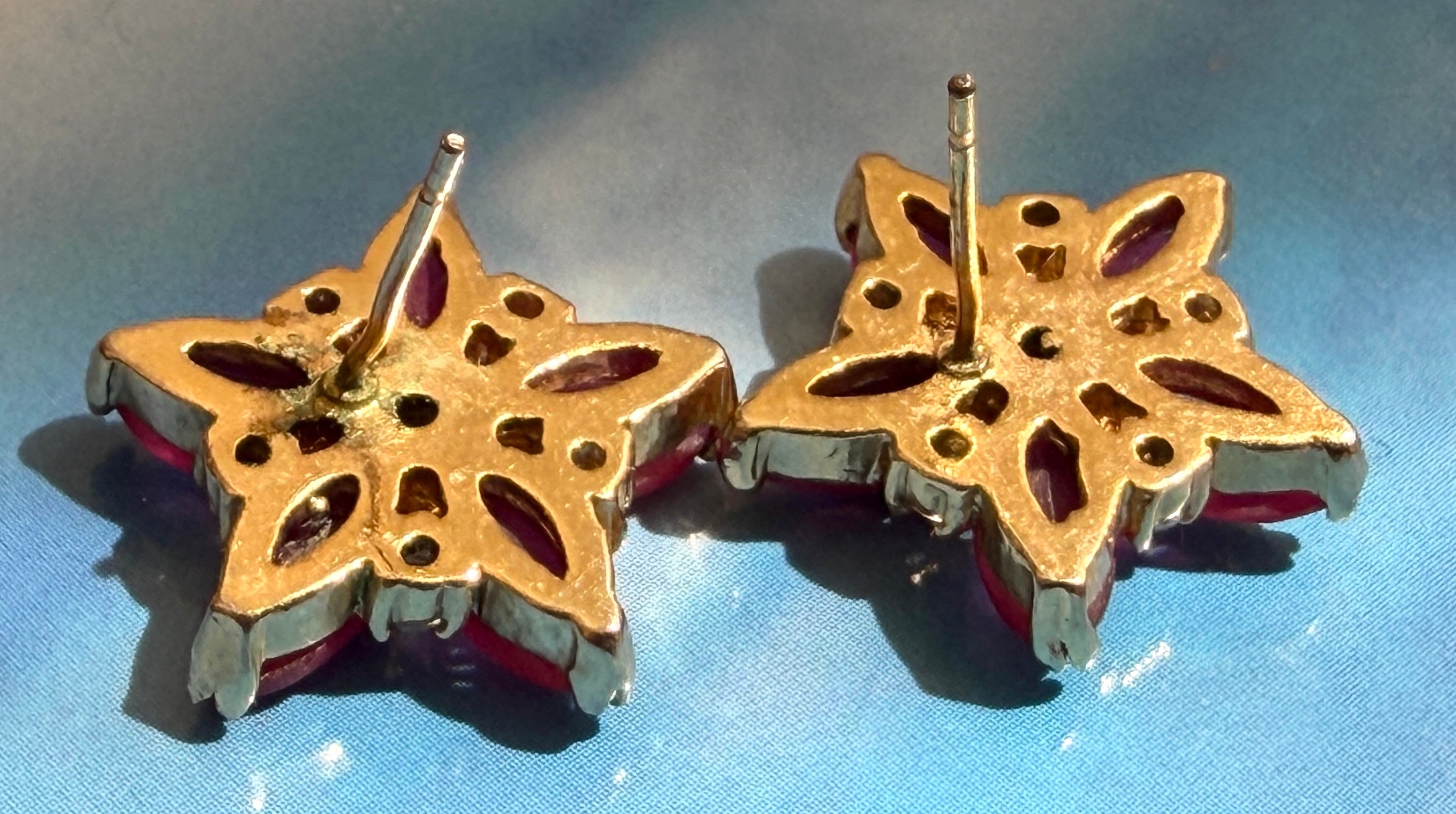 Vintage Synthetic Ruby Gold Plated Floral Stud Earrings
