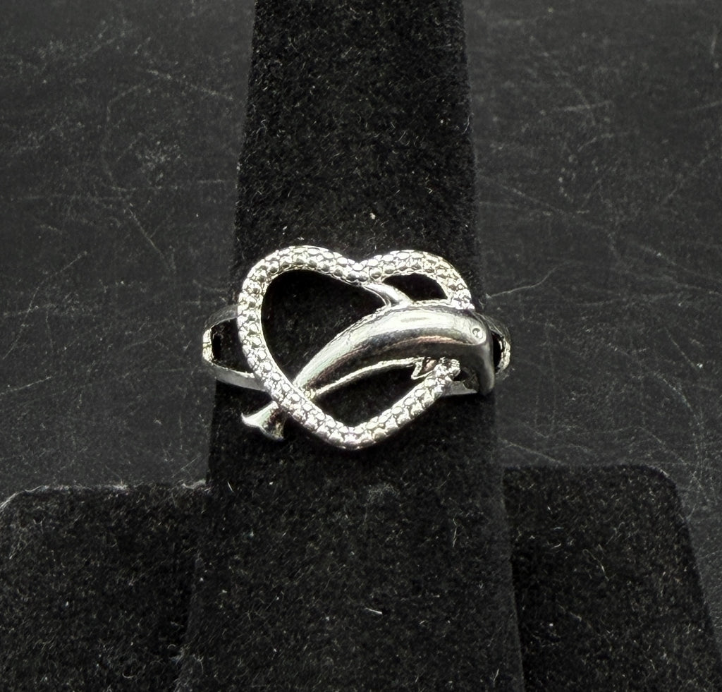 Vintage Sterling Silver Dolphin Heart Ring - Size 6.75