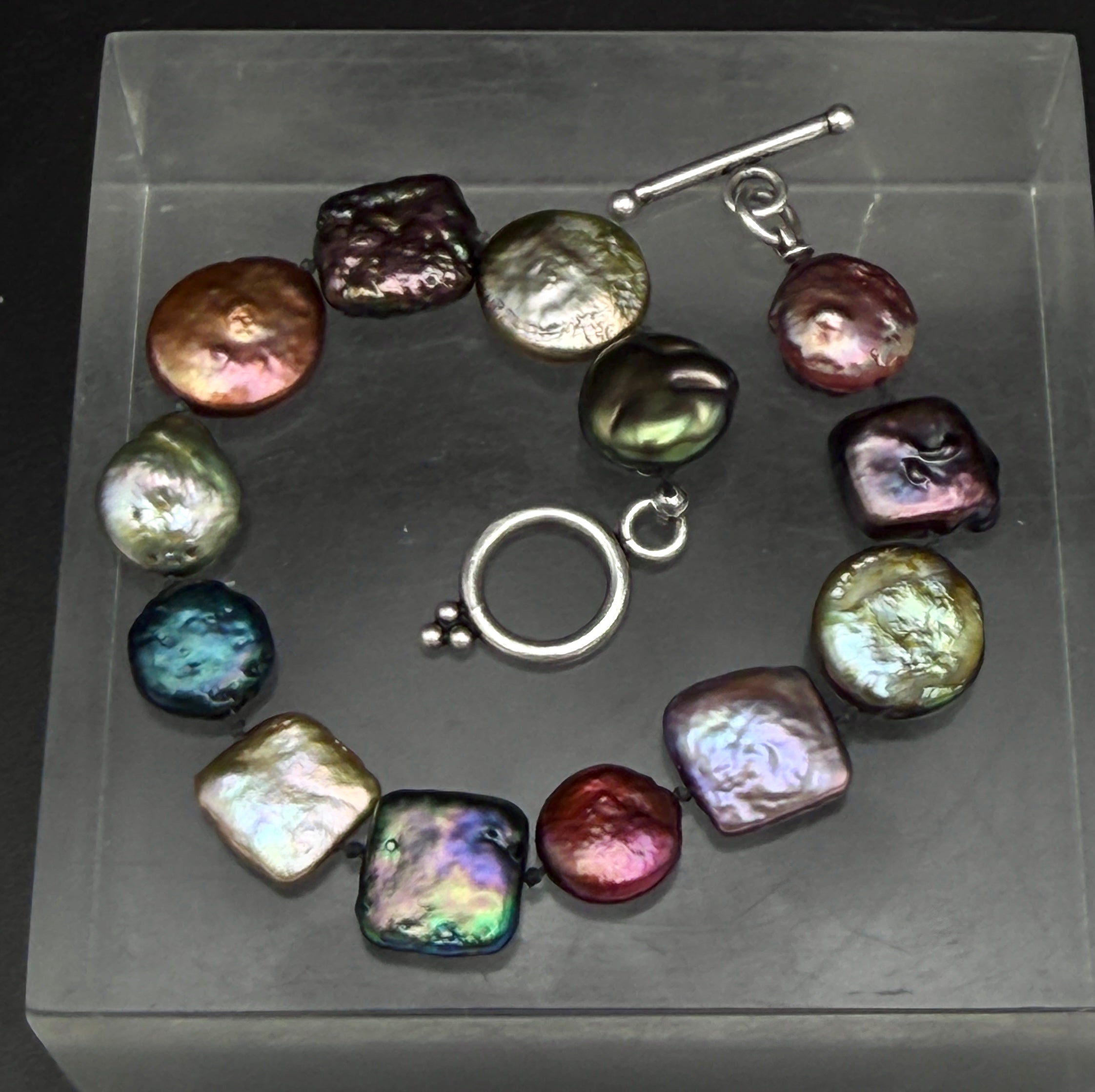 Vintage Multicolor Coin Pearl Sterling Silver Bracelet - 7.5"