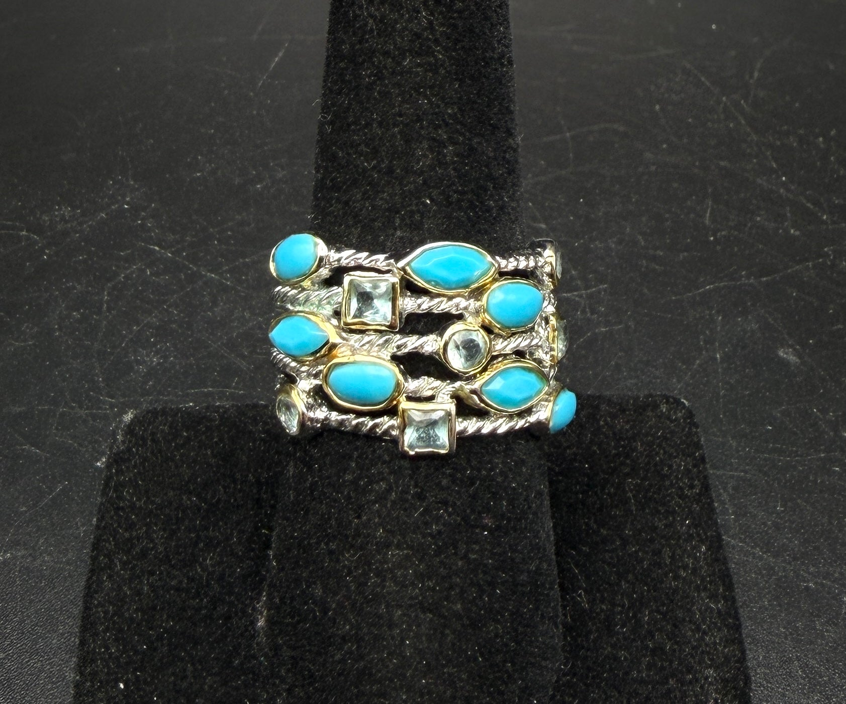 Vintage Sterling Silver Faux Turquoise and Imitation Blue Topaz Ring - Size 7.75