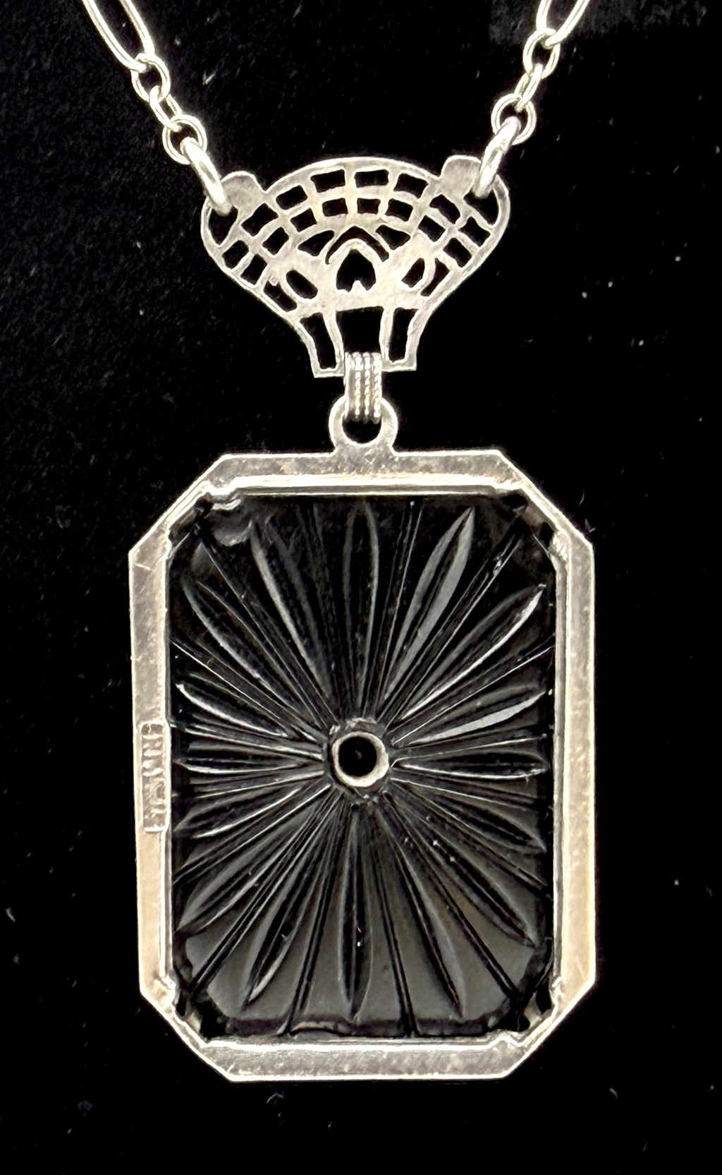 Vintage Black Glass with Diamond Macle Pendant Necklace Sterling Silver Chain Necklace - 23"