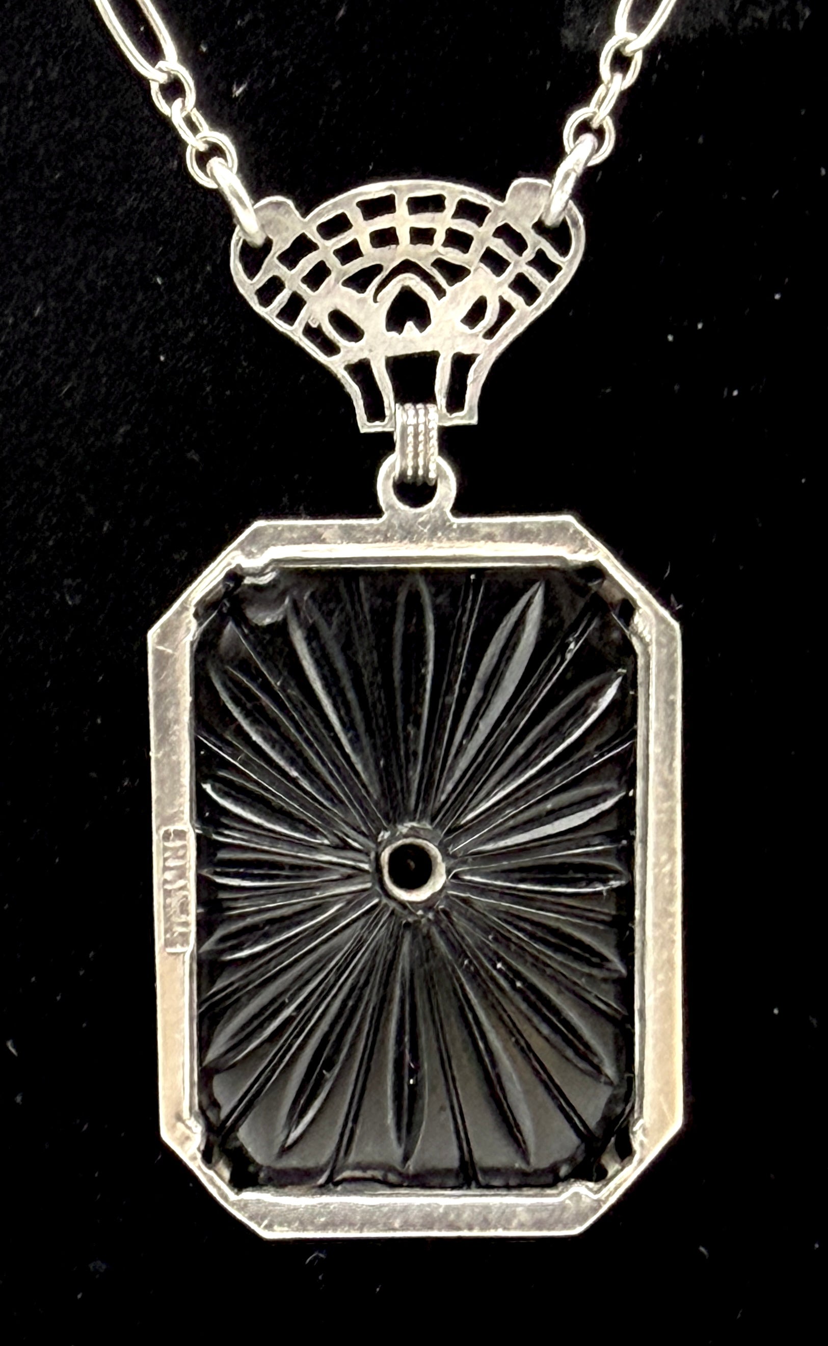 Vintage Black Glass with Diamond Macle Pendant Necklace Sterling Silver Chain Necklace - 23"