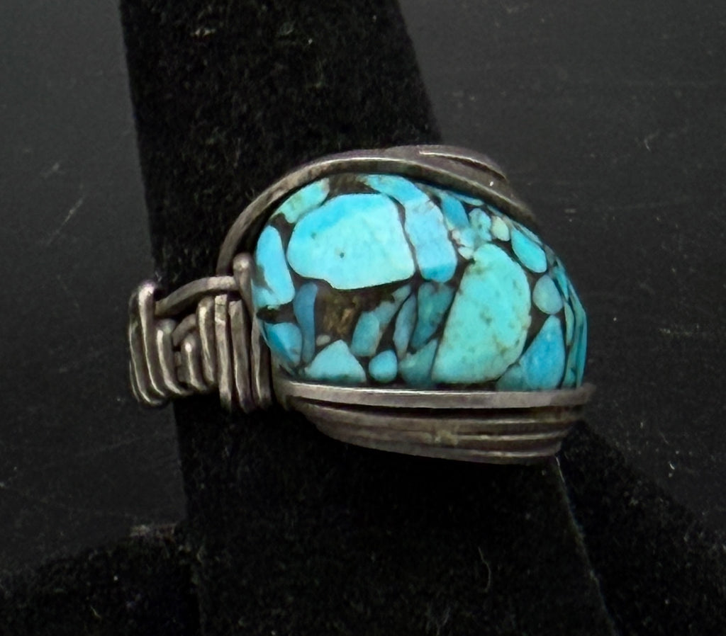 Vintage Turquoise Sterling Silver Wire Wrapped Handmade Ring - Size 7.5