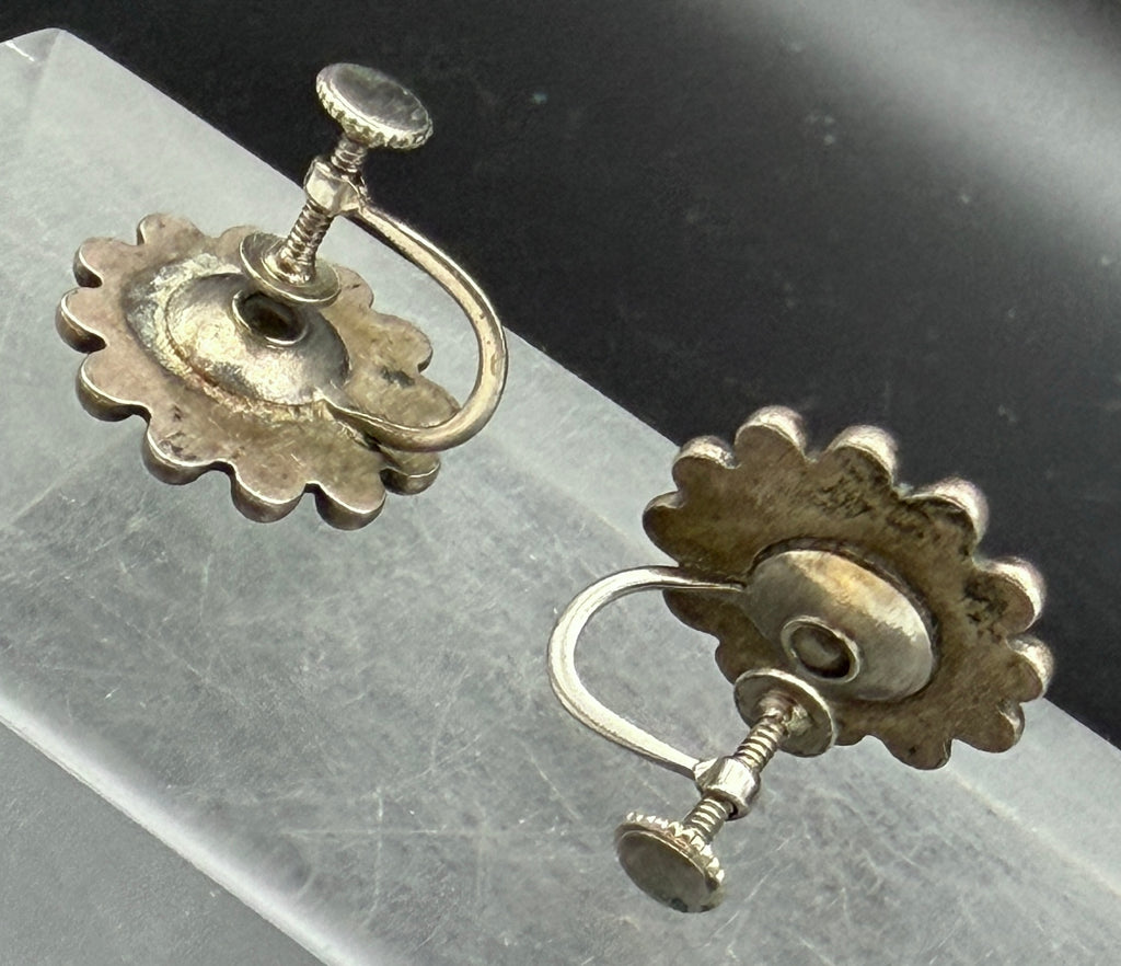 Vintage Handcrafted Green Turquoise Silver Screwback Earrings