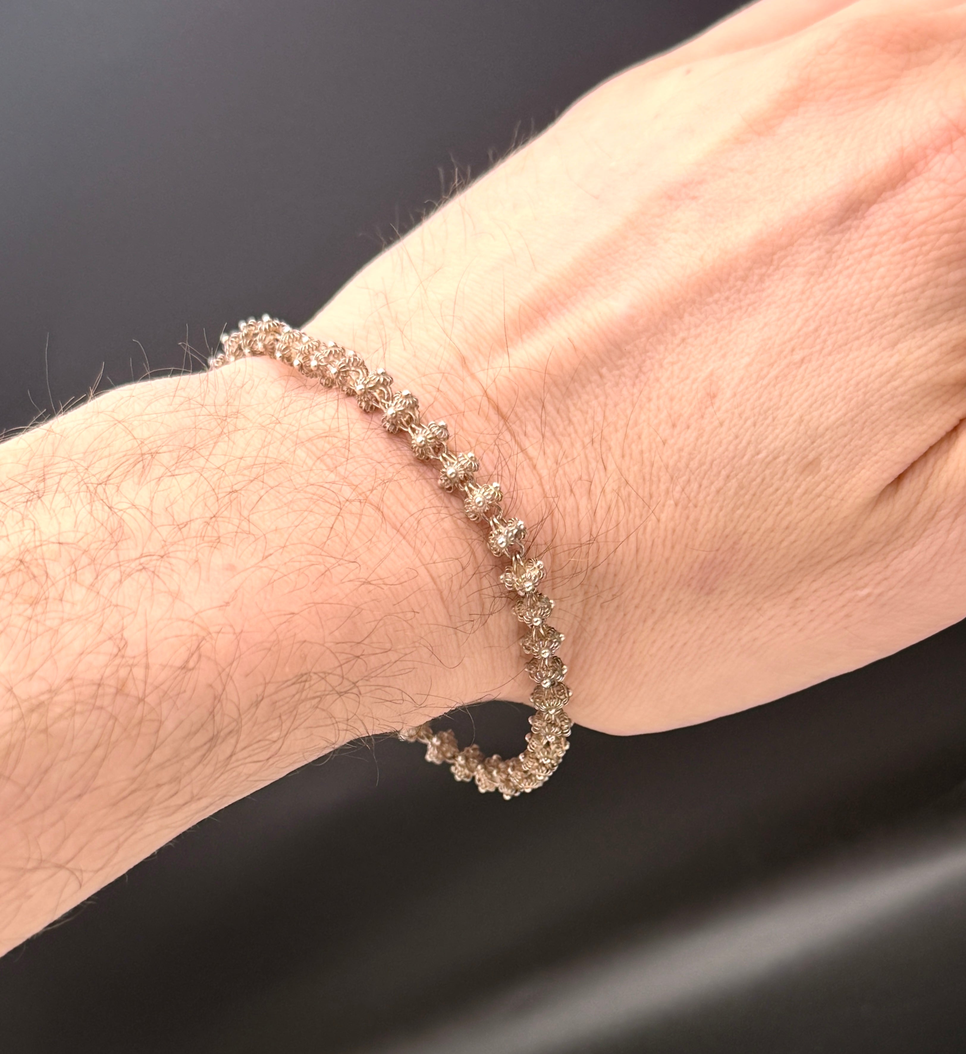 Vintage Handcrafted Sterling Silver Filigree Link Bracelet - 8"