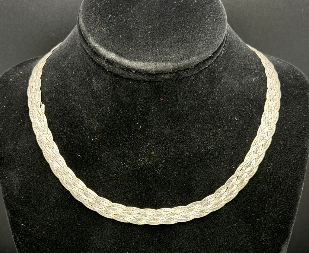 Vintage Italian Sterling Silver Braided Herringbone Chain Necklace - 18" AS IS
