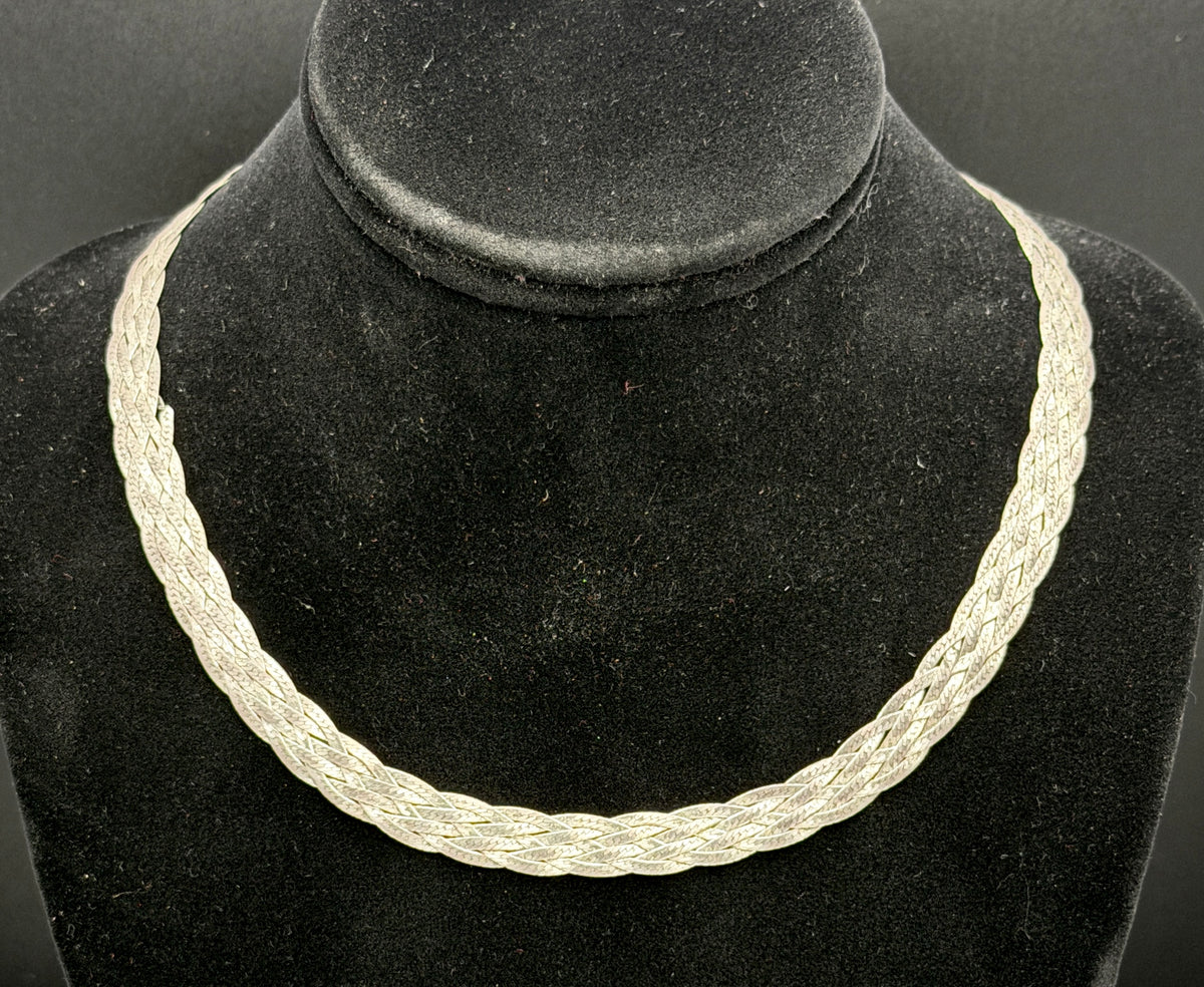 Vintage Italian Sterling Silver Braided Herringbone Chain Necklace - 18" AS IS