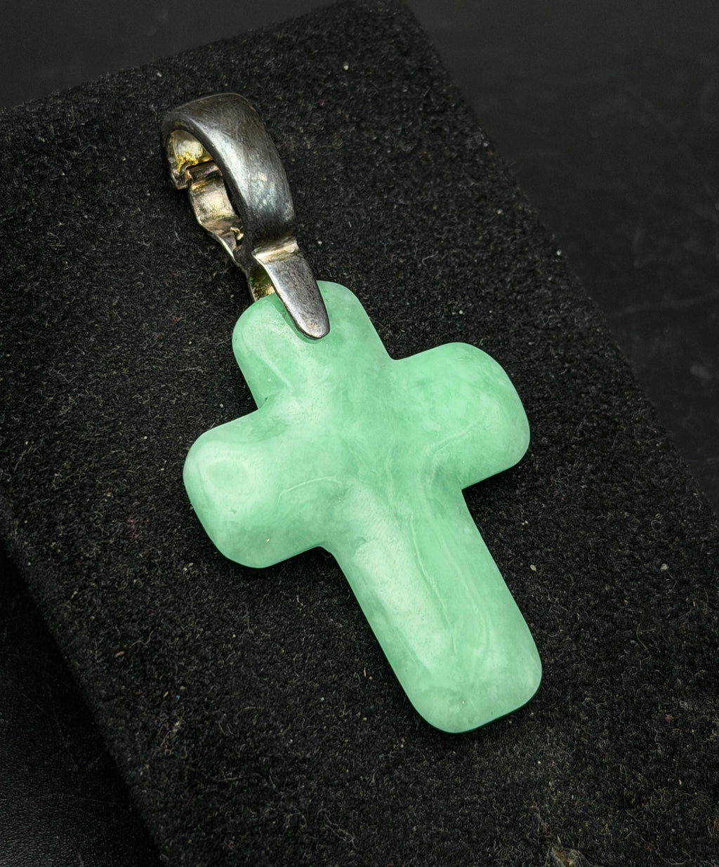 Vintage Carved Jade Cross Pendant with Sterling Silver Hinged Bail