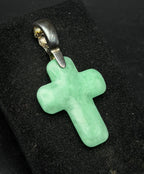 Vintage Carved Jade Cross Pendant with Sterling Silver Hinged Bail