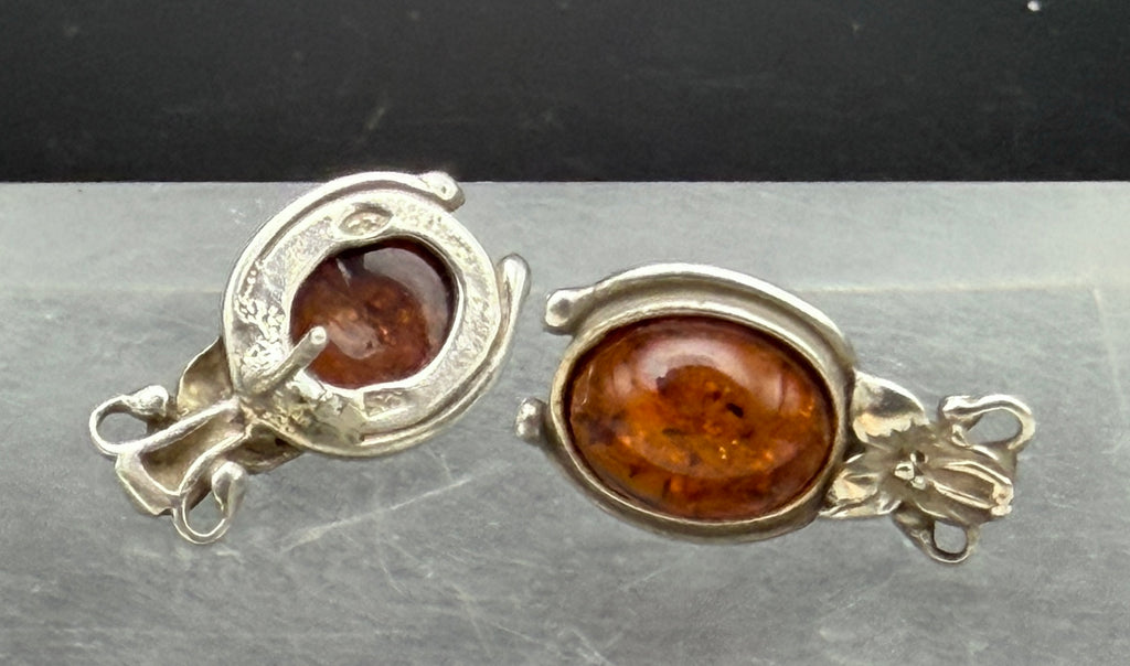 Vintage Art Nouveau Style Amber Sterling Silver Stud Earrings