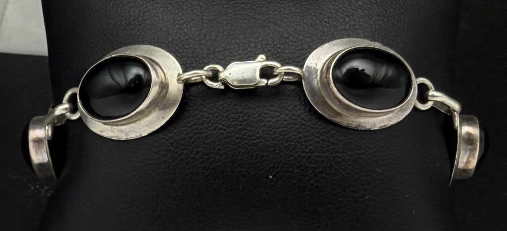 Vintage Handmade Black Onyx and Sterling Silver Links Bracelet - 8"