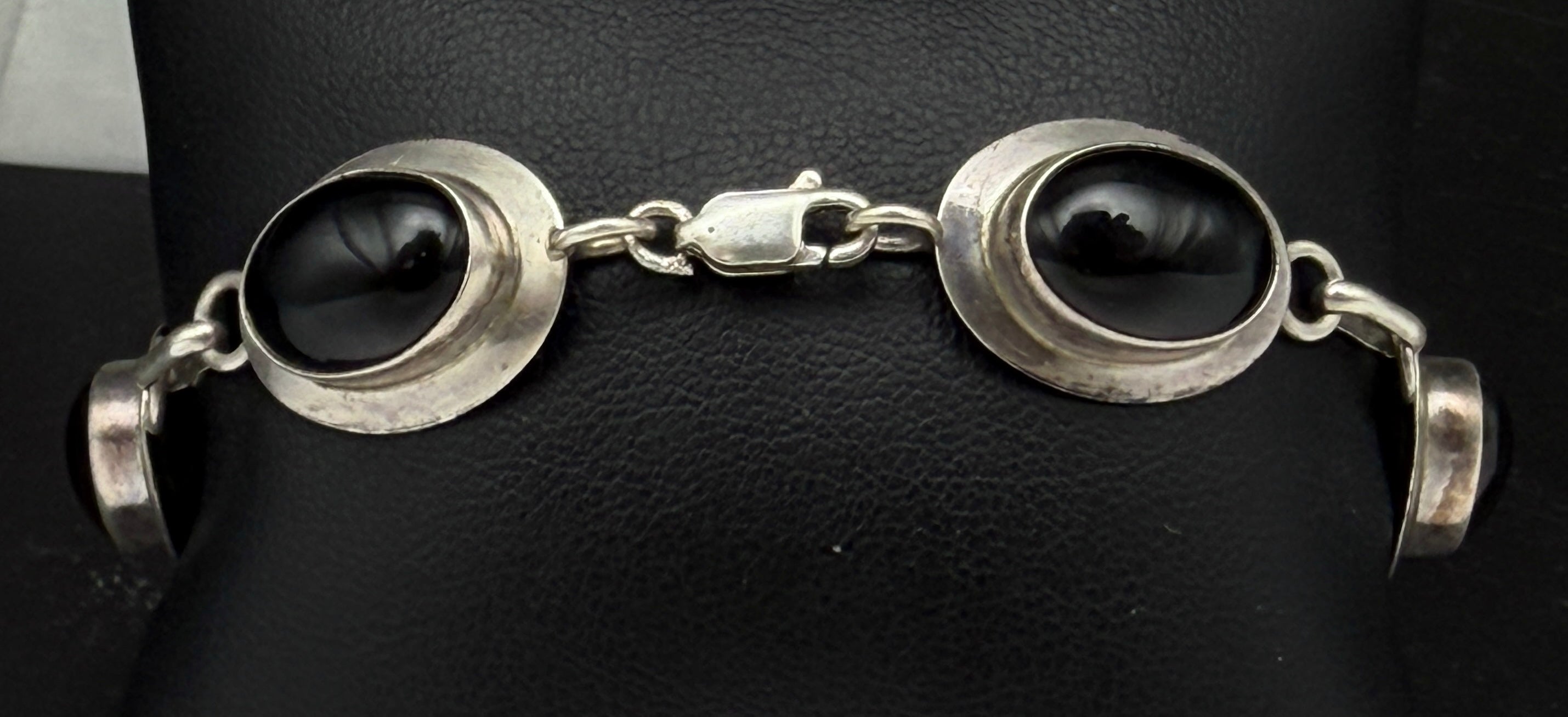 Vintage Handmade Black Onyx and Sterling Silver Links Bracelet - 8"