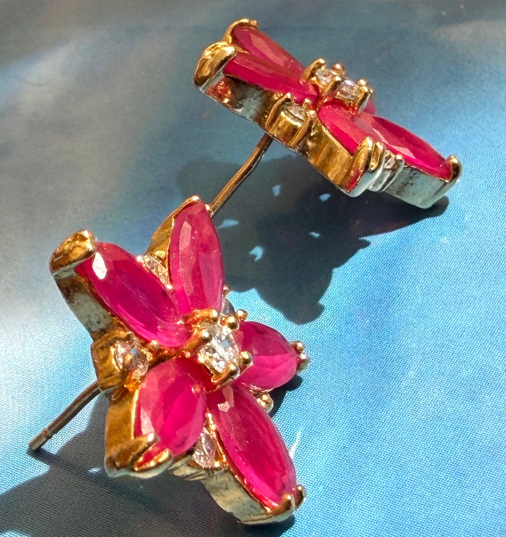 Vintage Synthetic Ruby Gold Plated Floral Stud Earrings